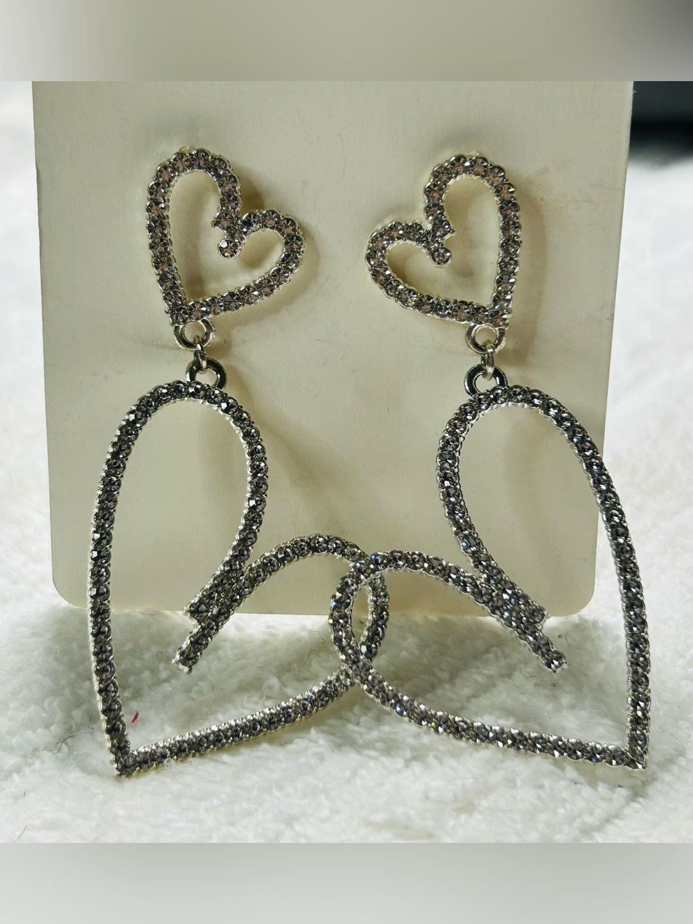 Rhinestone Heart Drop Earrings - Silver Tone